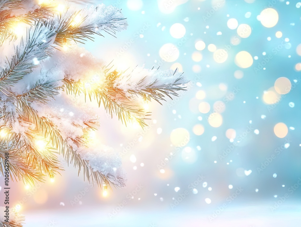 Cozy Winter Charm: Snow-Covered Pine Branch with Glowing Fairy Lights – Perfect for a Soft Pastel Blue Poster in Any Winter-Themed Interior or Cozy Retreat Space Cozy Winter Charm: Snow-Covered Pine Branch with Glowing Fairy Lights – Perfect for a Soft Pastel Blue Poster in Any Winter-Themed Interior or Cozy Retreat Space