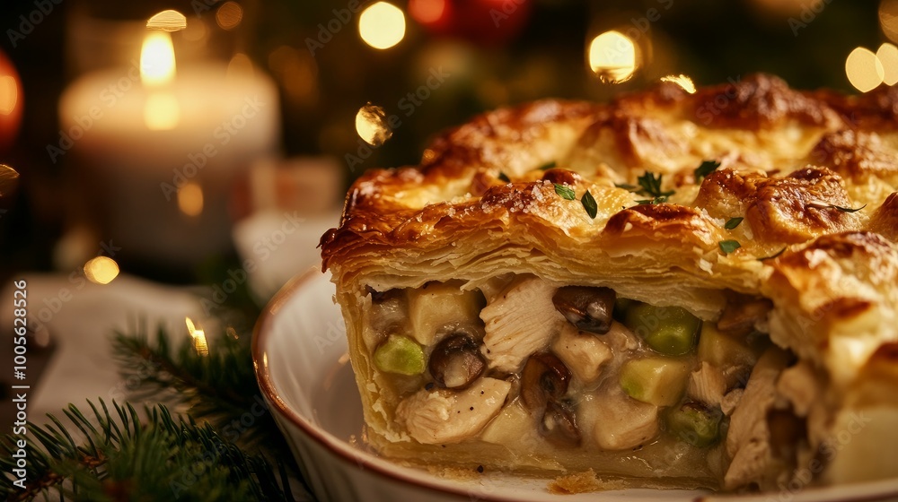 Close-up 4K photo of homemade chicken mushroom leek pie leftover from Christmas | festive culinary delight Close-up 4K photo of homemade chicken mushroom leek pie leftover from Christmas | festive culinary delight