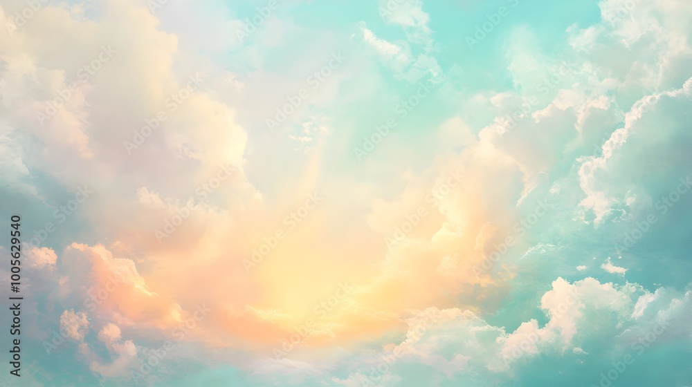 Soft pastel gradient background with subtle textures and iridescent clouds drifting across the serene tranquil sky  Glowing sun rays peeking through creating a romantic