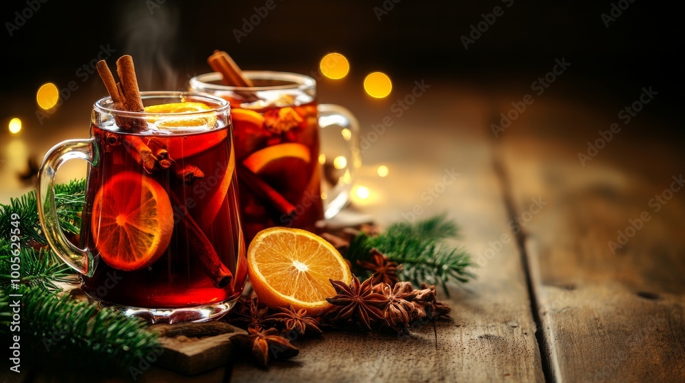 Mugs of mulled wine adorned with citrus fruits and spices. Typical hot beverage or drink, celebratory cocktail for the holidays or new year Mugs of mulled wine adorned with citrus fruits and spices. Typical hot beverage or drink, celebratory cocktail for the holidays or new year