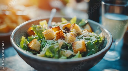 Close up of a bowl of delicious caesar salad on a restaurant table .generative ai