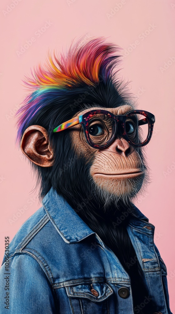 Chimpanzee with rainbow mohawk and glasses Chimpanzee with rainbow mohawk and glasses