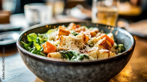 Close up of a bowl of delicious caesar salad on a restaurant table .generative ai