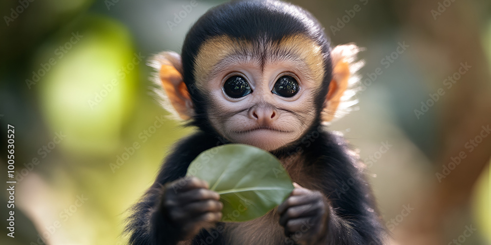 Fototapeta premium Young Monkey Holding Leaf in Forest