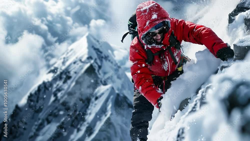 Epic Mountain Climber Ascending Snowy Peak in Harsh Weather