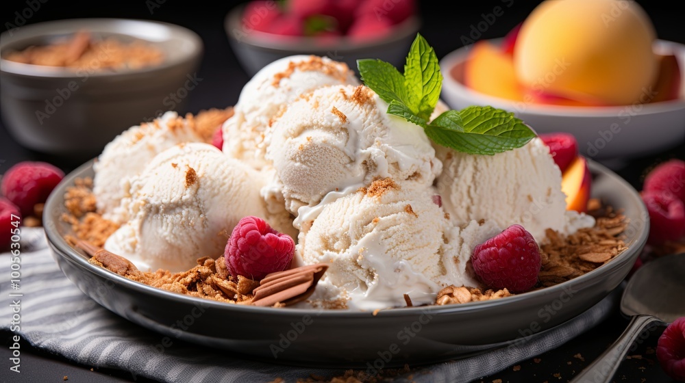A plate of creamy vanilla ice cream, adorned with fresh raspberries and a sprinkle of crunchy granola, creating a delightful contrast of textures and flavors. A plate of creamy vanilla ice cream, adorned with fresh raspberries and a sprinkle of crunchy granola, creating a delightful contrast of textures and flavors.