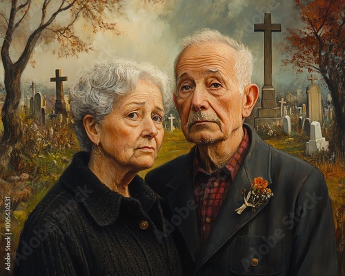 Portrait of an elderly married couple, deep in thought about mortality, with a cemetery view behind them, depicting their contemplation of the end of life photo