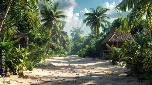 Tropical Beach Paradise with Palm Trees and Huts