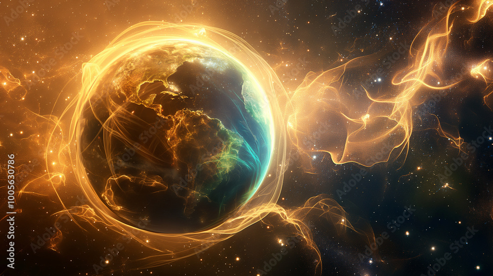 Fototapeta premium The Earth wrapped in golden ribbon, floating among the stars, surrounded by swirling elements of water, fire, air, and earth. The elements orbit around the planet