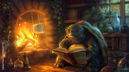 A wise old turtle wearing glasses and reading from a magical floating book. The turtle sits by a glowing fireplace in a cozy, enchanted room filled with ancient scrolls and potions. 