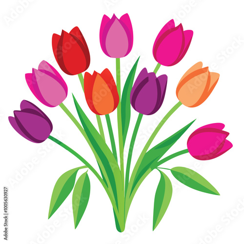 Print Floral Bunch with Tulip Vector Illustration on White Background in Detailed Line Art