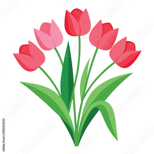 Print Floral Bunch with Tulip Vector Illustration on White Background in Detailed Line Art