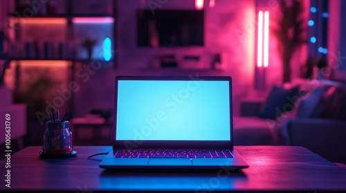 Laptop mockup with blank screen in dark blurred room with neon lights. Vector open laptop front view. Gaming laptop on desk against the background of furniture in room. Realistic vector computer 