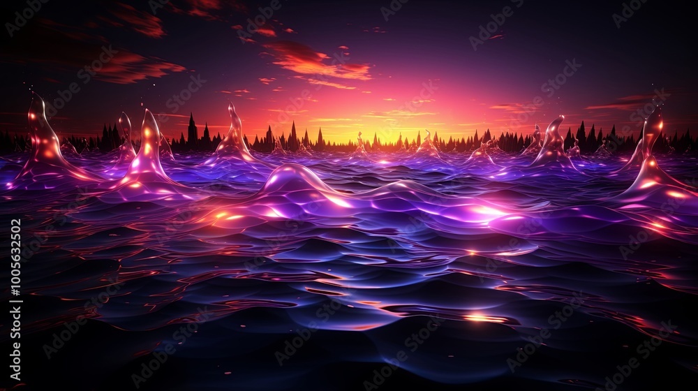 Luminous waves, iridescent and ethereal, ripple across a celestial seascape, bathed in the warm glow of a distant horizon. Luminous waves, iridescent and ethereal, ripple across a celestial seascape, bathed in the warm glow of a distant horizon.