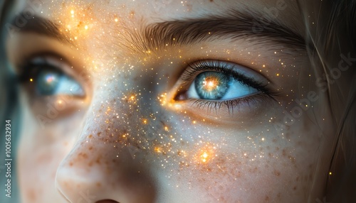 Thoughtful young girl with a reflective gaze, space and galaxies mirrored in her eyes, symbolizing her mental health and inner world