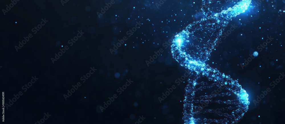 Obraz premium Glowing Blue DNA Helix on a Dark Background