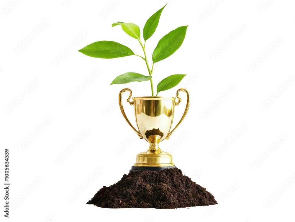 A golden trophy with small green plant growing from it, symbolizing achievement and growth. This image represents connection between success and nurturing environment. A golden trophy with small green plant growing from it, symbolizing achievement and growth. This image represents connection between success and nurturing environment.