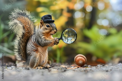 Squirrel with magnifying glass and hat inspecting nut photo