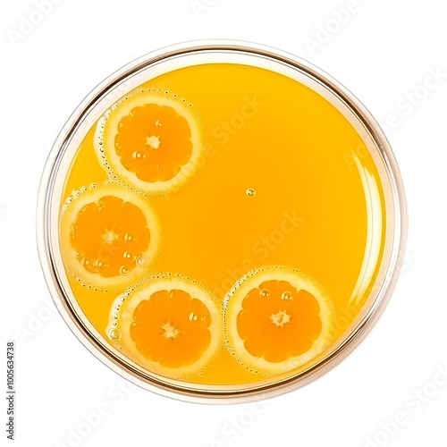 Top view of orange juice with bubbles in a glass on transparent 