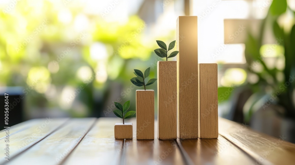 Wooden blocks with plants symbolize growth and progress in a natural setting. Wooden blocks with plants symbolize growth and progress in a natural setting.