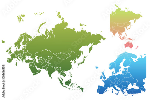 Map of Europe and Asia.Colorful Vector maps.