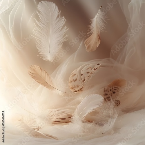 A pastel toned environment accented by wispy feathered elements featuring a profusion of feathers in muted earthy tones that are layered and intertwined in a flowing organic display photo