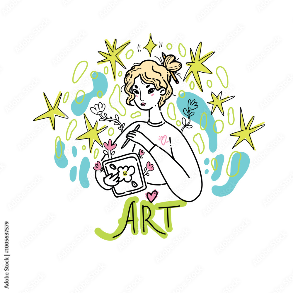 Obraz premium Vector illustration with a young female artist creating an illustration of flowers on a tablet. The set features modern digital art on a white background.