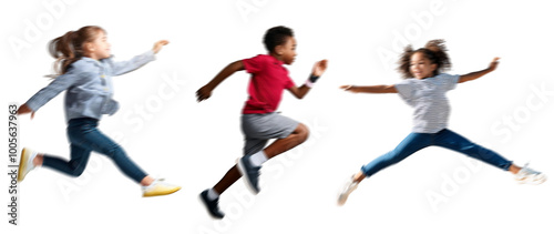 set of Motion blur running kids boy girl silhouettes, isolated on transparent background PNG for photo scenes