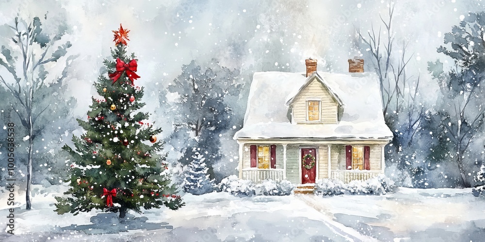 A Christmas tree is in front of a house with a red door. The house is surrounded by snow and the scene is very peaceful and serene A Christmas tree is in front of a house with a red door. The house is surrounded by snow and the scene is very peaceful and serene