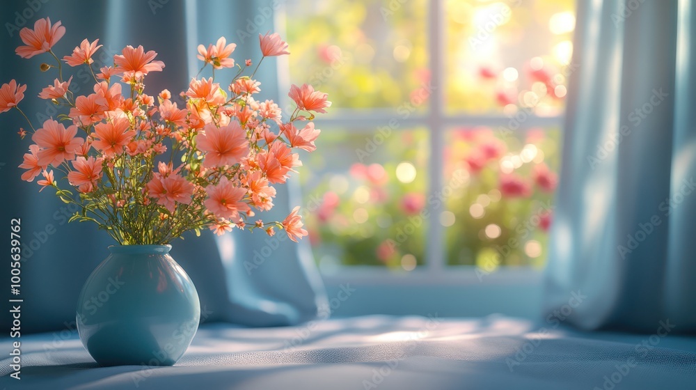 A blue vase with a bouquet of pink flowers sits on a windowsill, A blue vase with a bouquet of pink flowers sits on a windowsill,