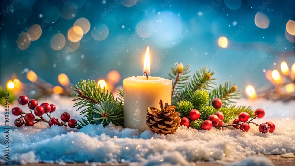 burning candle in snow with festive decoration burning candle in snow with festive decoration