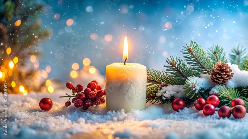 burning candle in snow with festive decoration