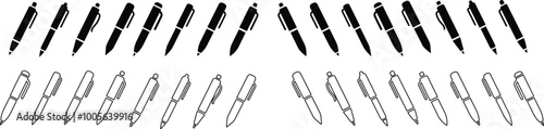 Writing pens icons flat and line set. Collection of vector icons for writing and artistic tools: pen, pencil, marker