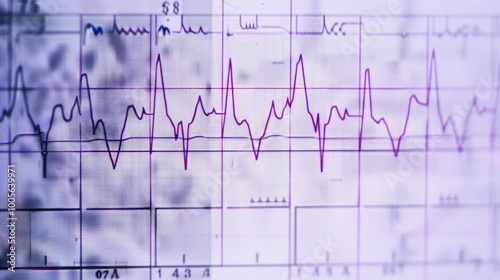 A close-up shot of a medical monitor displaying a heart rate reading. The lines are shown in purple and the background is slightly blurred.