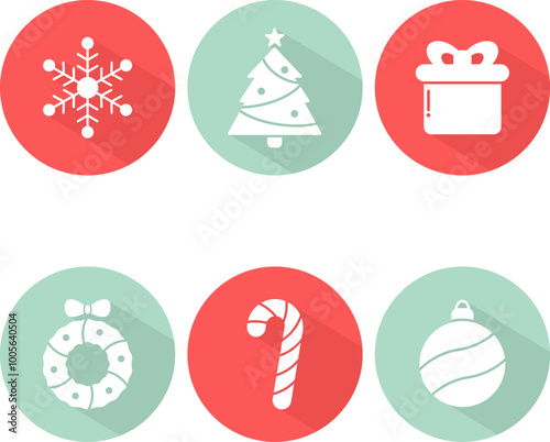 Christmas flat design icons. Round and colored icons with long shadow. Icons set vector illustration.