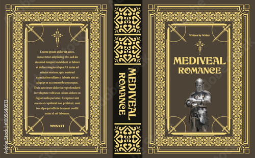 144-13-Book cover design featuring a knight standing with crossed arms, set against a backdrop of intricate medieval patterns and typography