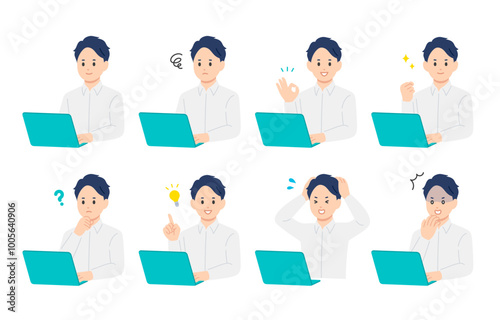 パソコンを見ながらいろいろな表情･ポーズをする若い男性のセット【人物ベクターイラスト素材】