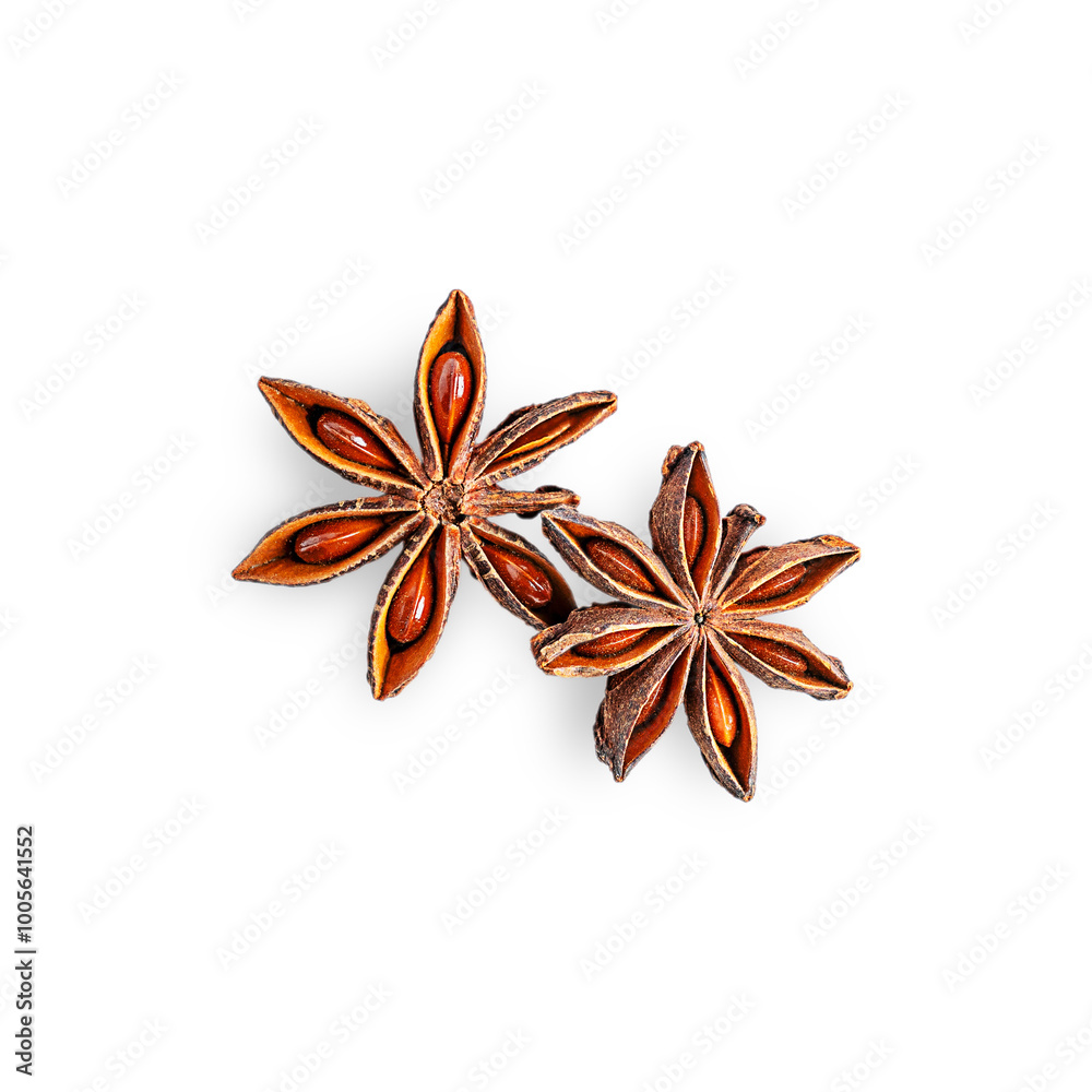 Top view of two dry aromatic scented brown star anise or badian isolated on white background used in culinary for cooking and baking also for traditional masala chai and christmas mulled wine