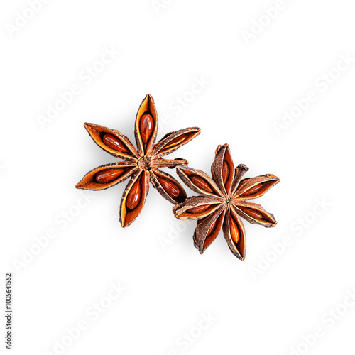 Top view of two dry aromatic scented brown star anise or badian isolated on white background used in culinary for cooking and baking also for traditional masala chai and christmas mulled wine