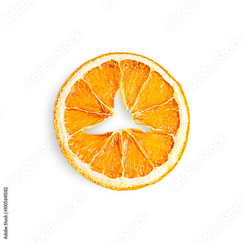 Top view of round slice of dehydrated dry scented aromatic orange citrus fruit isolated on white background used for christmas decoration and as snack as food ingredient in drinks and mulled wine