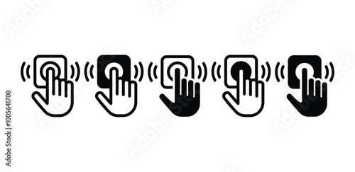 set of door bell with hand pushing click button icon symbol sign vector design black white color illustration isolated