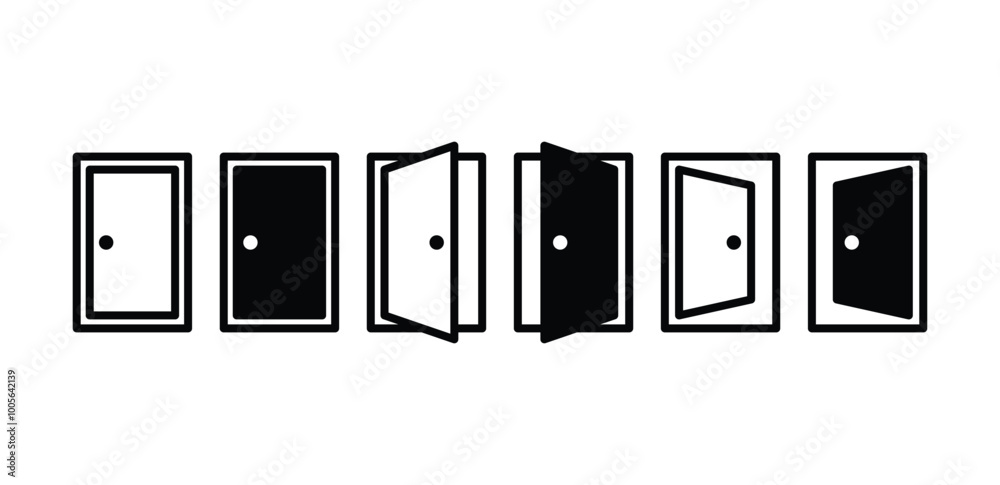 set of door open close exit icon symbol sign vector design black white color simple flat illustration isolated set of door open close exit icon symbol sign vector design black white color simple flat illustration isolated