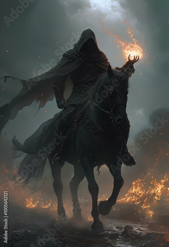 Fotografie Dark rider Dark horse traversing flames