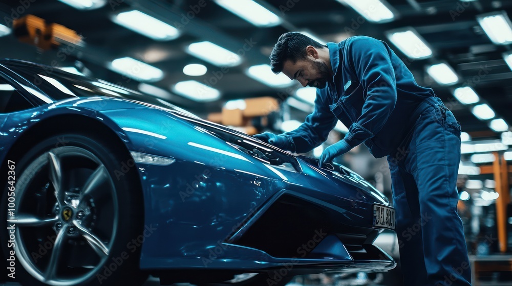 A mechanic is inspecting a blue sports car in a factory. A mechanic is inspecting a blue sports car in a factory.