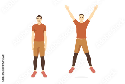 Sport man doing exercise with jumping jack pose for cardiovascular health and boosting your metabolism. Cartoon for Workout diagram about exercise posture to burn fat.
