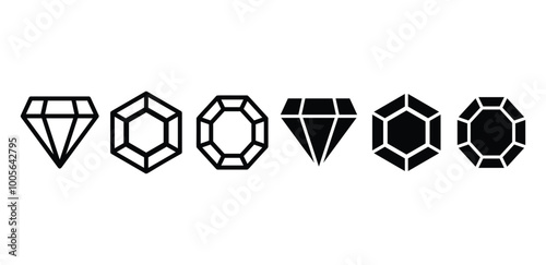set of diamond crystal gemstone top view icon symbol sign vector design black white color illustration isolated
