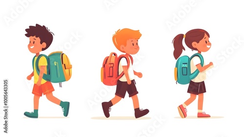 Back to School Festival with Cheerful Group of Children Carrying Colorful Backpacks in Flat Design Education Learning and Classroom Concept photo