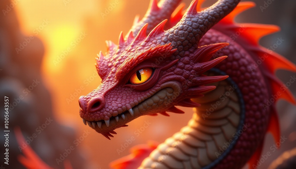 A red dragon with yellow eyes is staring at the camera A red dragon with yellow eyes is staring at the camera