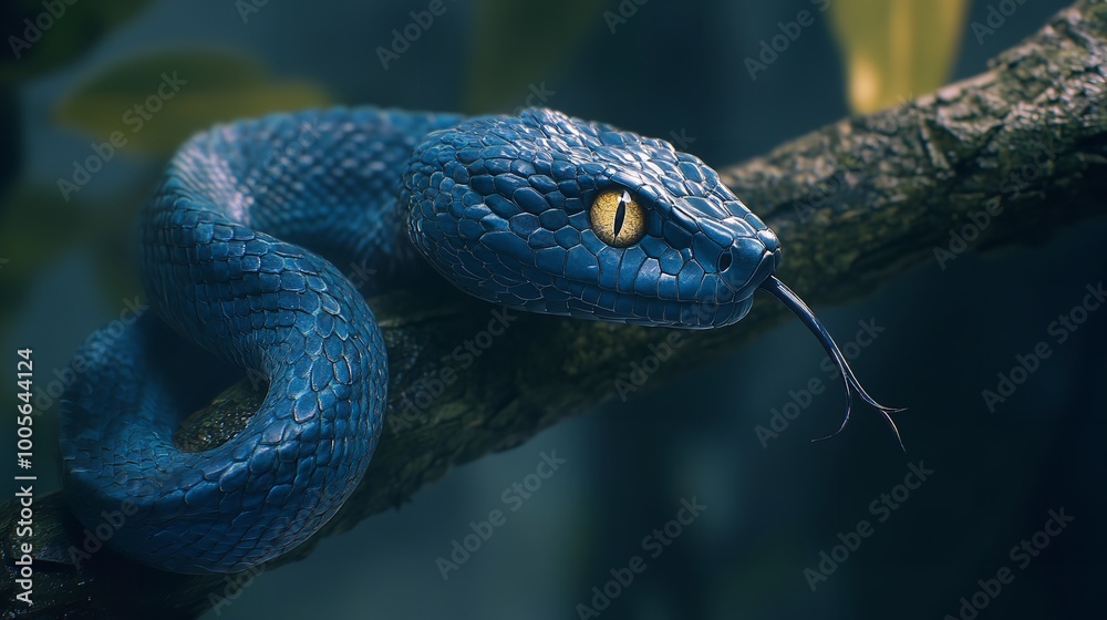 Blue Snake with Red Tongue on Branch Blue Snake with Red Tongue on Branch