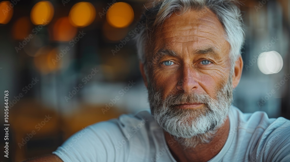 A man with a beard and blue eyes is sitting at a table A man with a beard and blue eyes is sitting at a table